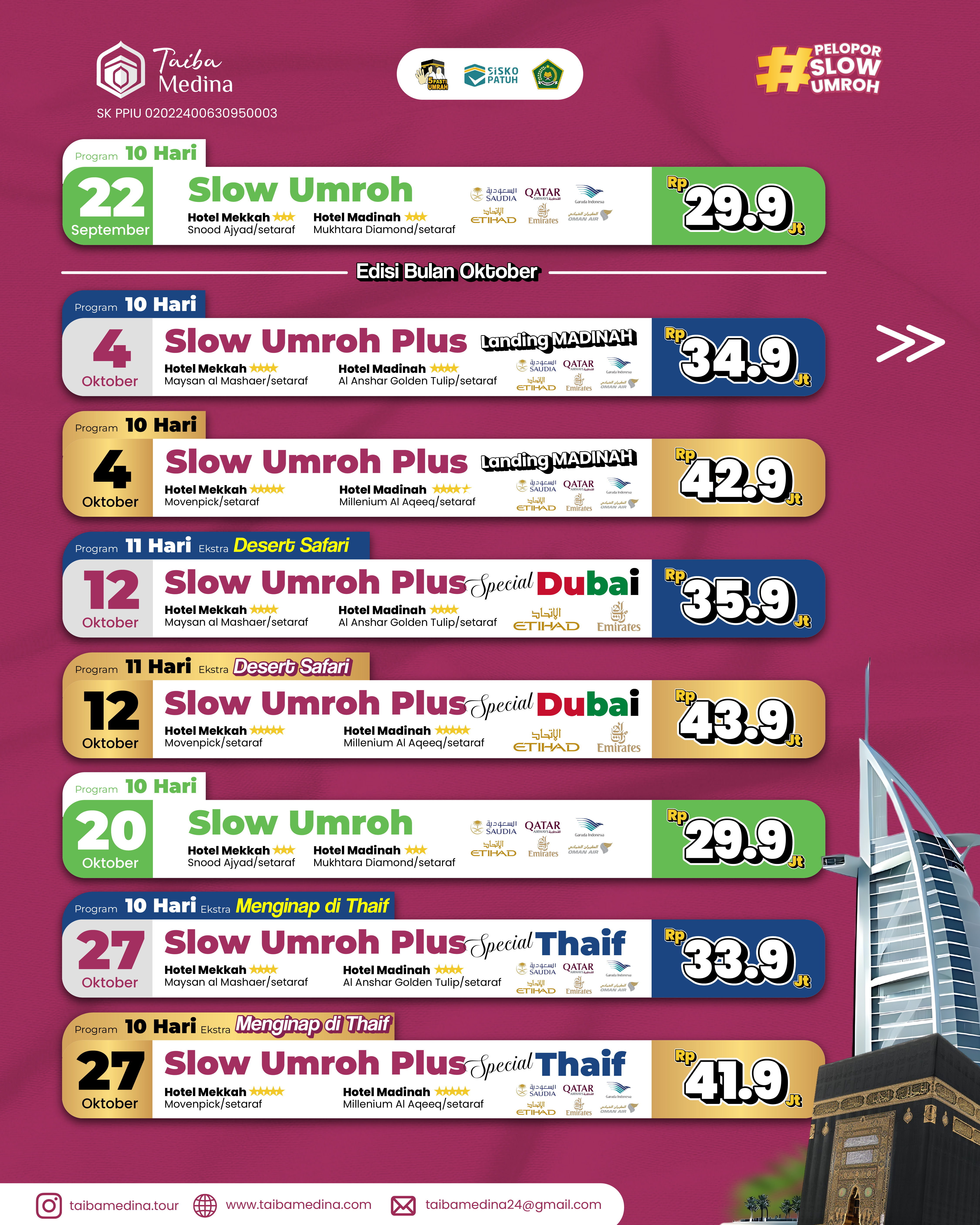 Slow Umroh Plus Special Thaif | 10 Hari + Menginap di Thaif | 27 Oktober 2026